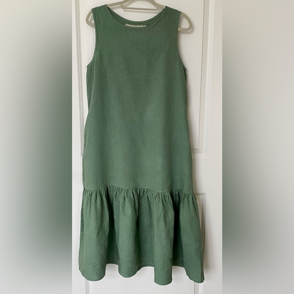 Not Perfect Linen Vintage Green Patna Ruffle Maxi Dress Size Medium